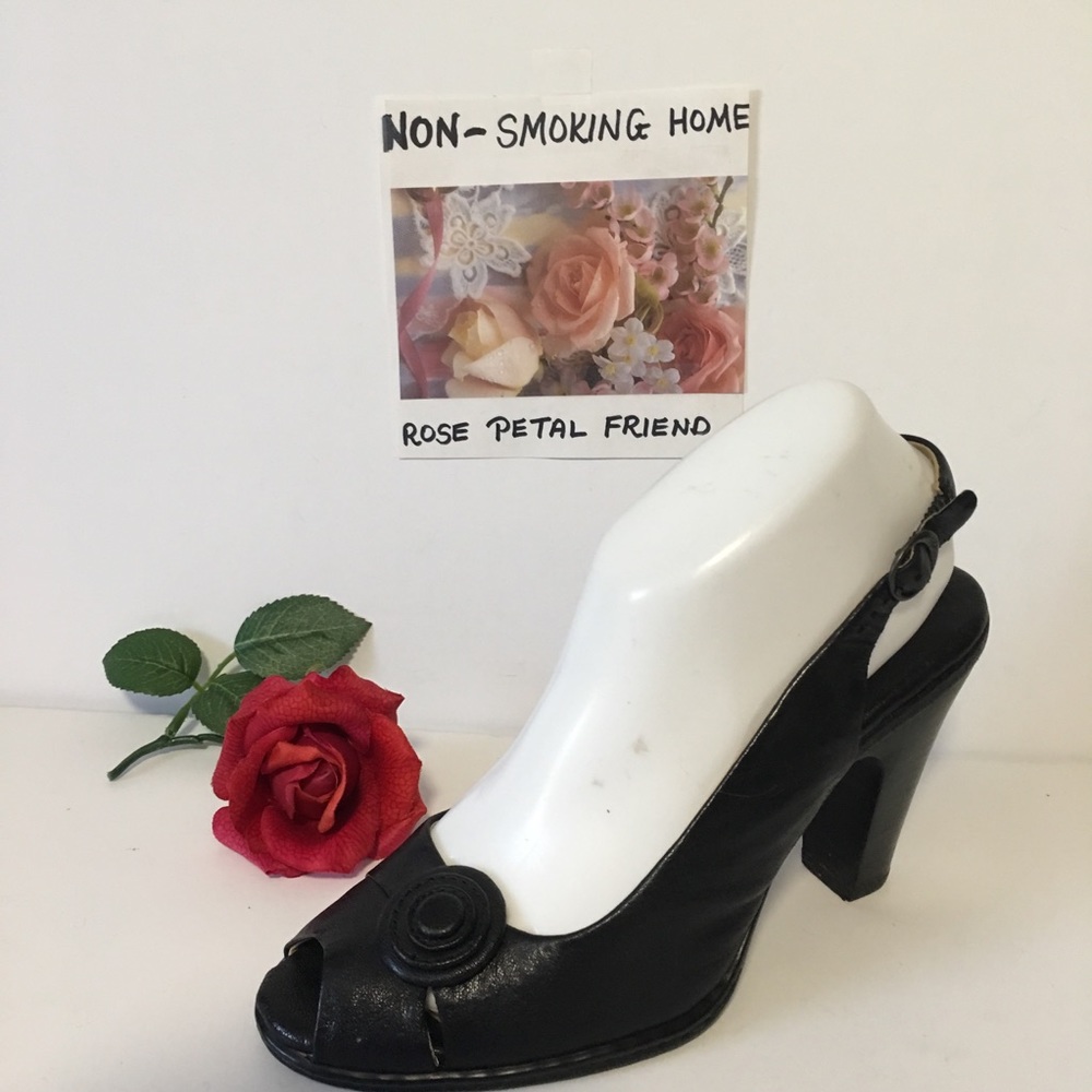 BLACK BARN CROWN HEELS ANKLE STRAP ROSETTE SZ 7.5
